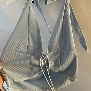 crossed tied front blue crop top haulter